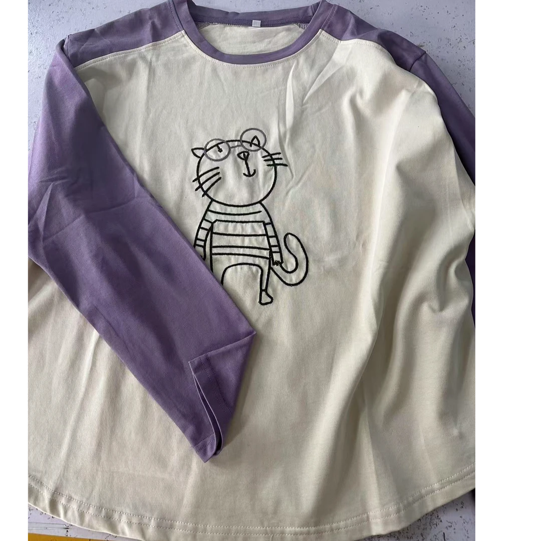 大燕--大码春季新款02拼接色眼镜猫长T恤