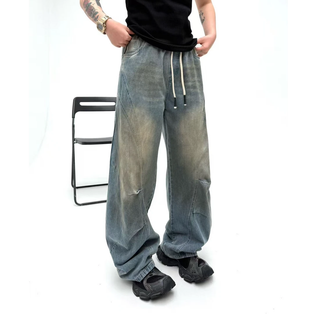 夏季宽松高街复古薄款弯刀做旧美式裤子百搭痞帅男士牛仔裤潮流