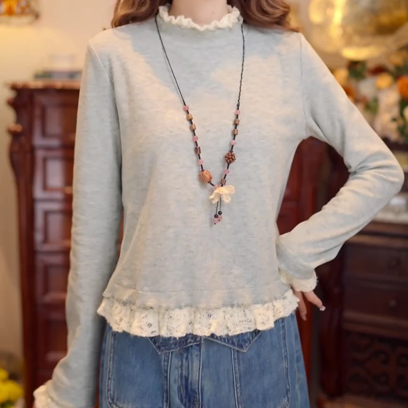 【竹声入画】港风复古加绒蕾丝百搭休闲针织打底衫LK2507138