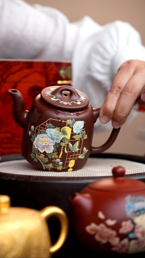 茶壶紫砂底槽清高井栏泥绘繁花似锦