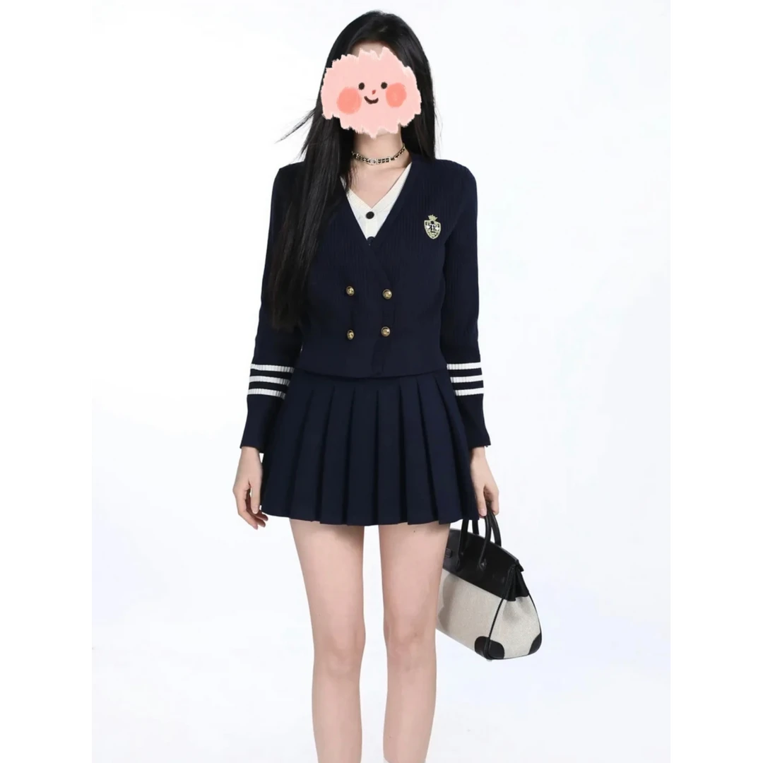 韩系穿搭套装2025春季新款学院风假两件针织上衣显瘦百褶裙两件套