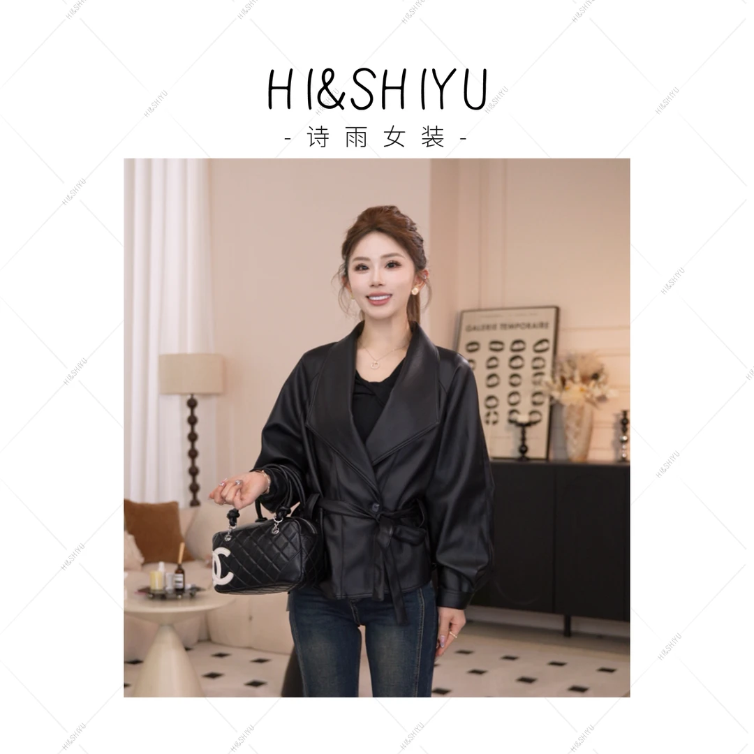 HISHIYU【爱尔兰】秋季新款韩版宽松翻领系带收腰显瘦皮衣外套潮