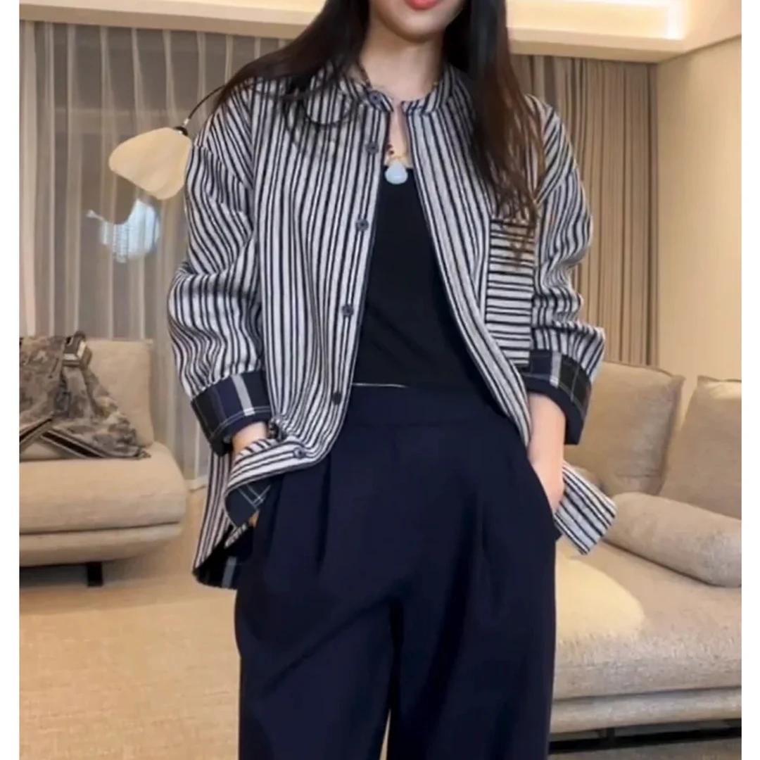 EMPRESS【简约竖条纹羊毛外套】高级蓝灰条纹长袖中长款衬衫