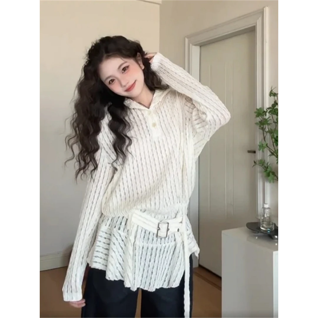 白色蕾丝镂空连帽长袖衬衫女春季设计感小个子宽松荷叶边长袖上衣