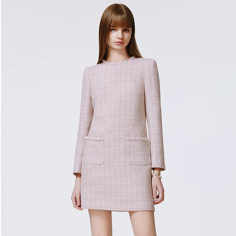 莱茵新款法式质感珠片小香风连衣裙双色设计感裙子LMFA18WOP278