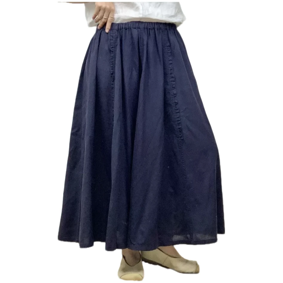 日系复古蓝色褶皱拼接半身裙女夏季新款松紧腰中长款a字大摆伞裙