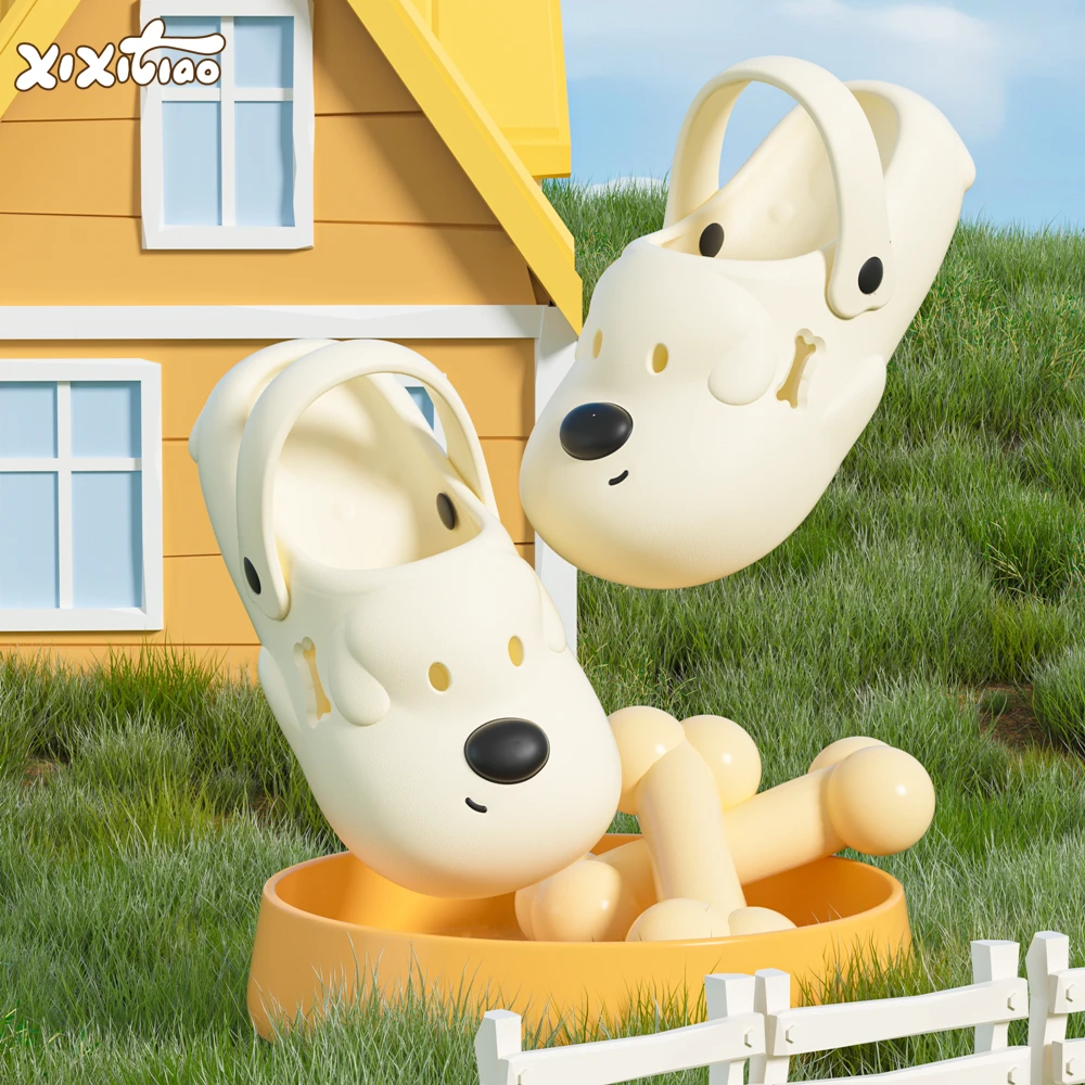 细细条 可爱小狗包头拖鞋男女防滑两穿沙滩凉鞋情侣户外穿洞洞鞋