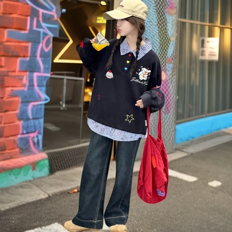 女童卫衣套装春秋款透气高腰阔腿裤假两件上衣洋气时髦儿童两件套