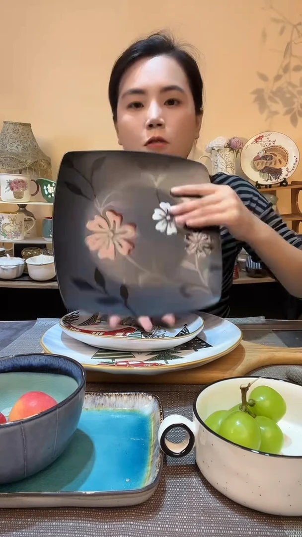 瓷片10.5英寸手绘方盘 微瑕介意勿拍