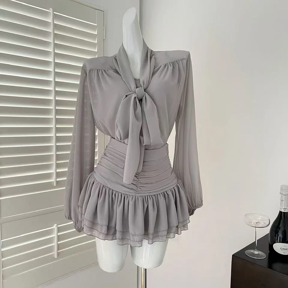 法式气质蝴蝶结长袖衬衫高腰显瘦半身长裙女2025春季新款套装chic