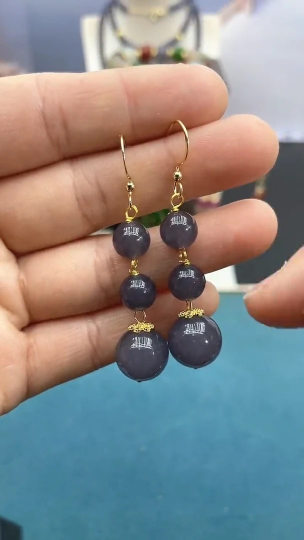 【闪购商品】和田玉耳饰14K金镶嵌烟紫三连珠耳钩