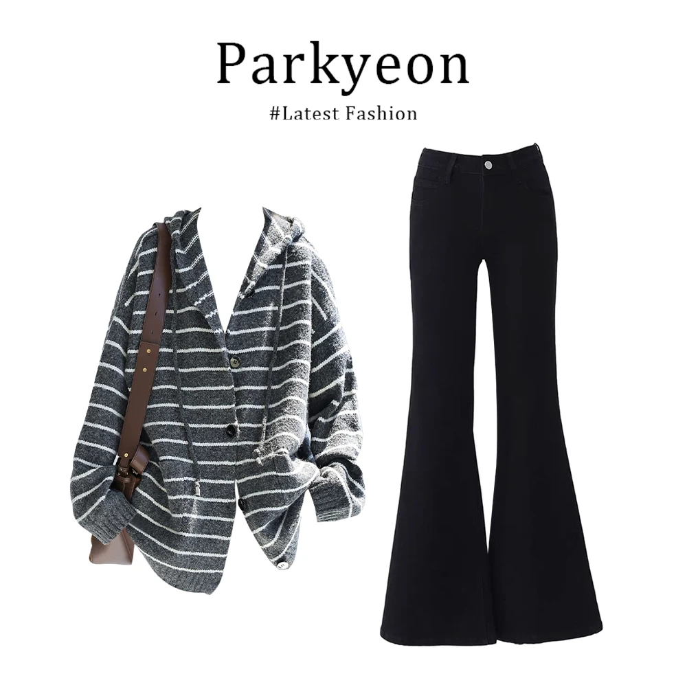 parkyeon韩系慵懒风连帽中长款毛衣外套黑色微喇牛仔裤秋冬套装