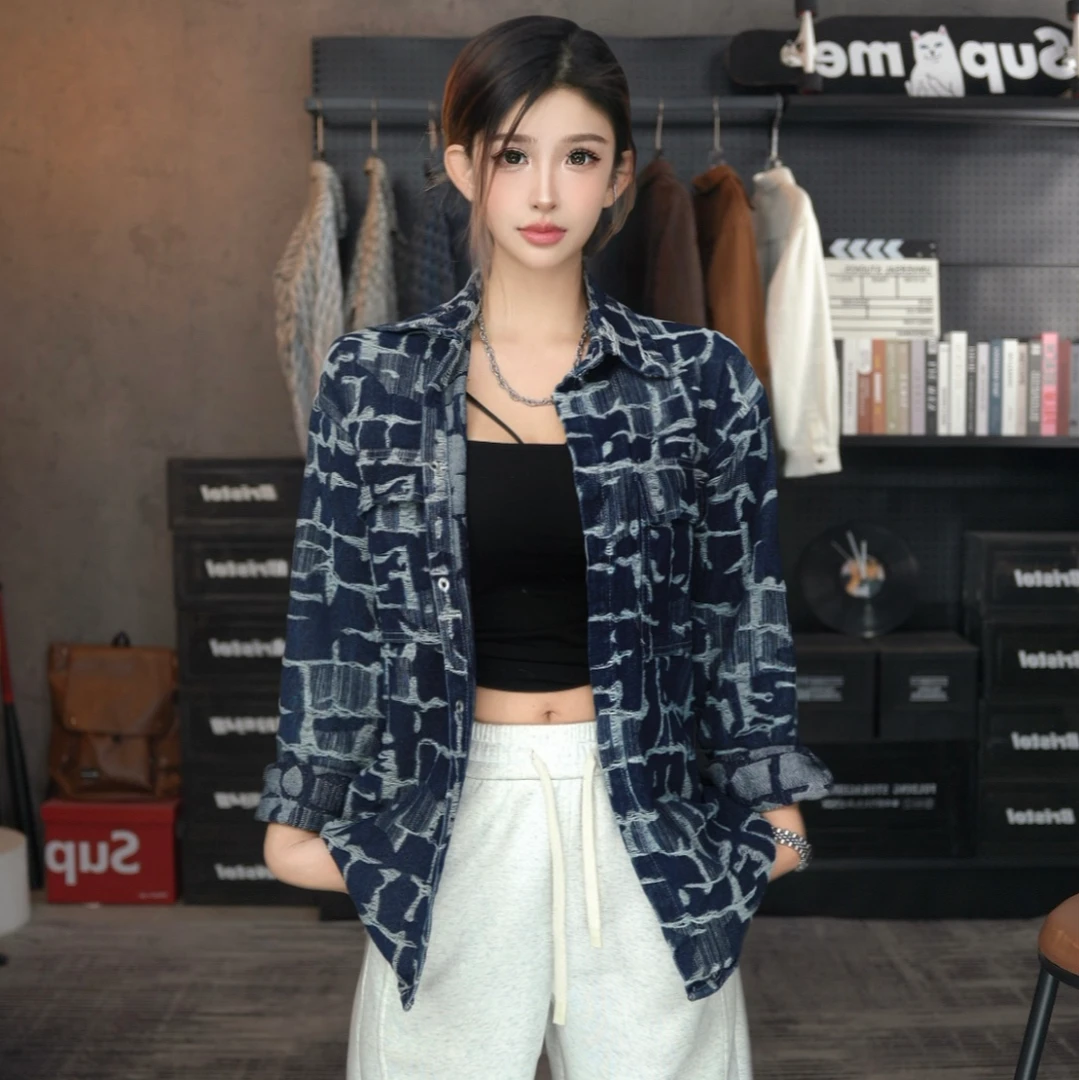 【阿奎】蓝色满提花图案洗水男士秋季百搭牛仔外套D18988