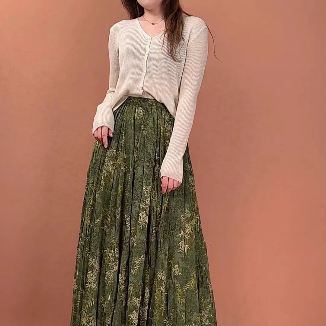 风华珏（青竹）早秋气质绿色复古印花口袋A字大摆褶皱显瘦半身裙