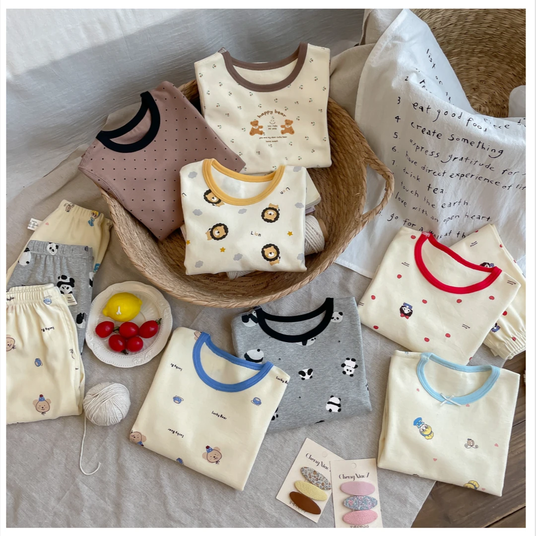 纯棉羊毛拉架打底无骨儿童秋冬款长袖男童女童卡内衣宝宝两件套