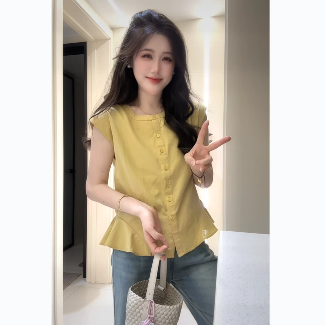 2025夏季韩版棉麻衬衫短袖女宽松小个子飞袖上衣W-389