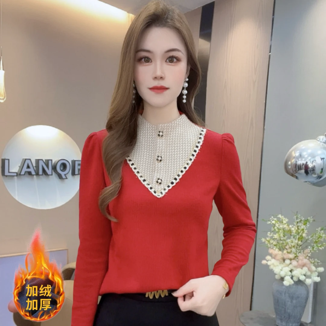 A9226法式通勤气质长袖T恤假两件冬季新款撞色小众减龄上衣