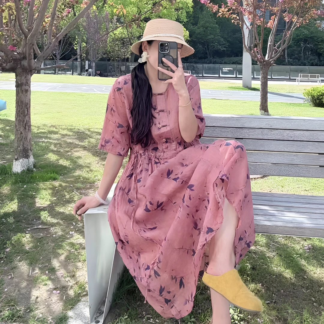 时尚休闲宝藏衣橱民族风碎花收腰连衣裙9020-2 肩45胸126长120