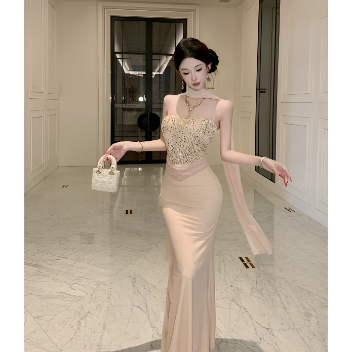 法式复古纯欲性感网纱拼接亮片重工轻奢设计亮片礼服连衣裙配披肩