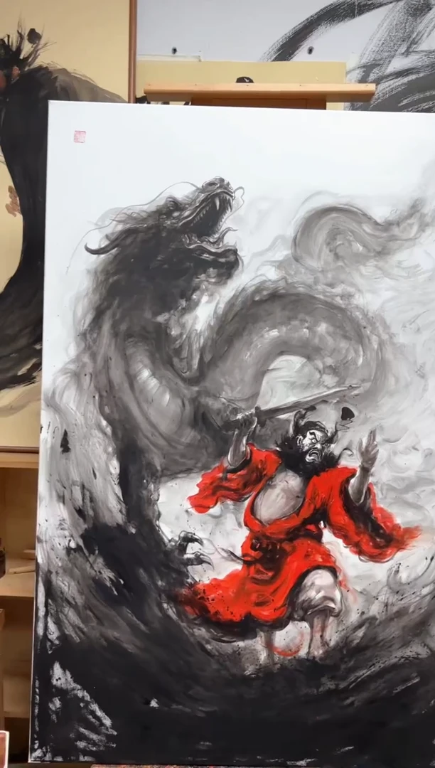 丙烯画画江湖老师钟馗御龙丙烯加框