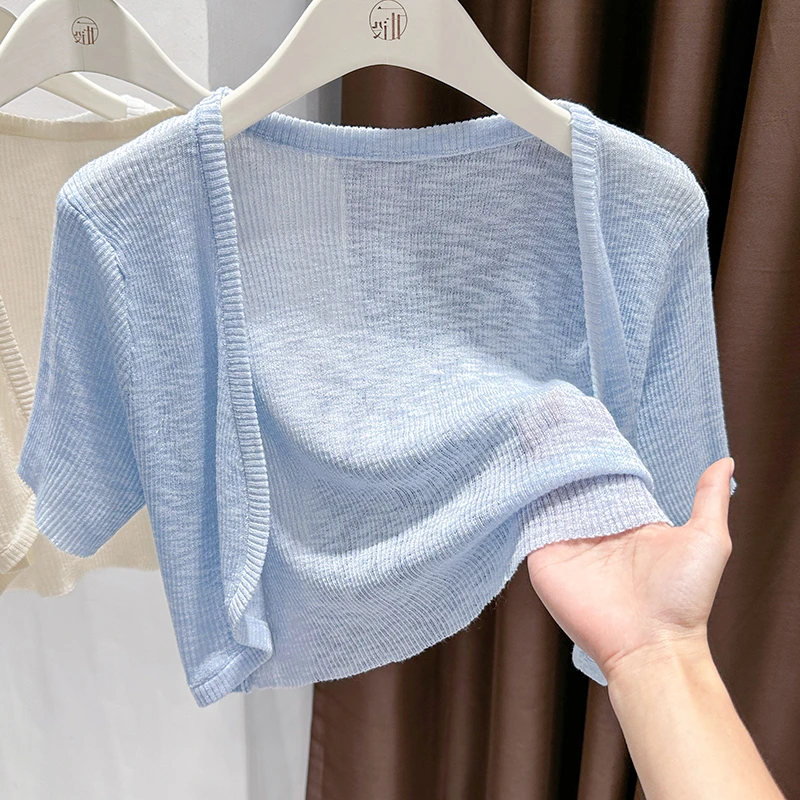 韩系冰丝针织短袖披肩女夏配吊带裙外搭防晒开衫薄纱空调罩衫坎肩