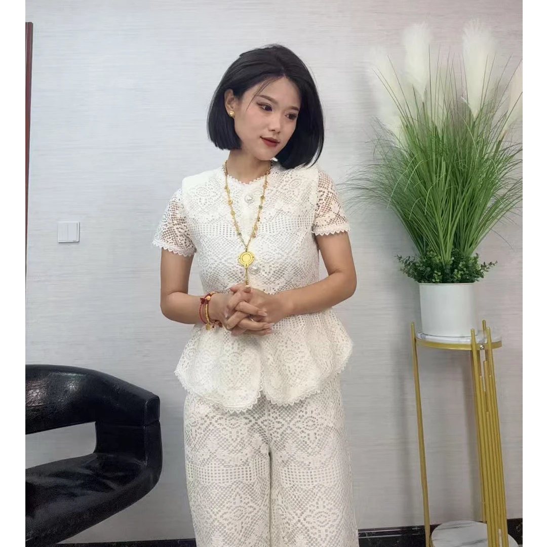 0413N时尚蕾丝短袖上衣高腰阔腿裤法式套装