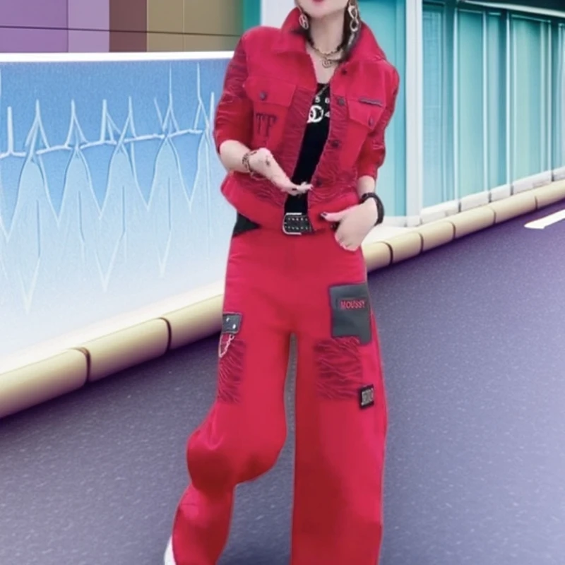 2024秋季新款休闲时尚百搭潮流红色两件套短外套韩版阔腿裤女337