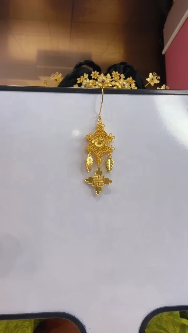 无925银纯银镀金 花丝叶子耳环/对