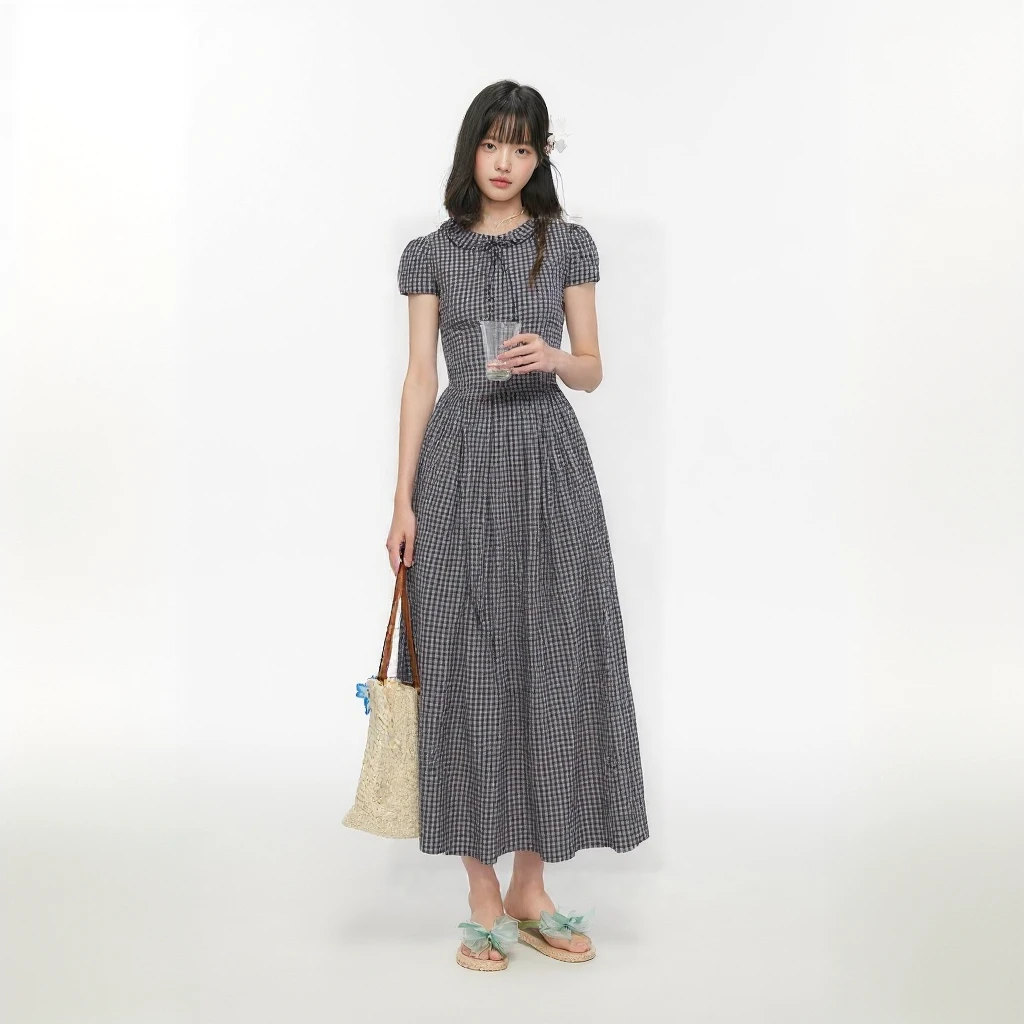 King PRINCE复古格纹装饰木耳边微泡泡袖高腰大裙摆连衣裙