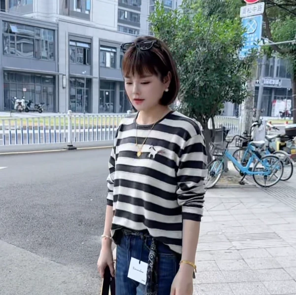 秋季百搭简约刺绣小马条纹圆领针织长袖