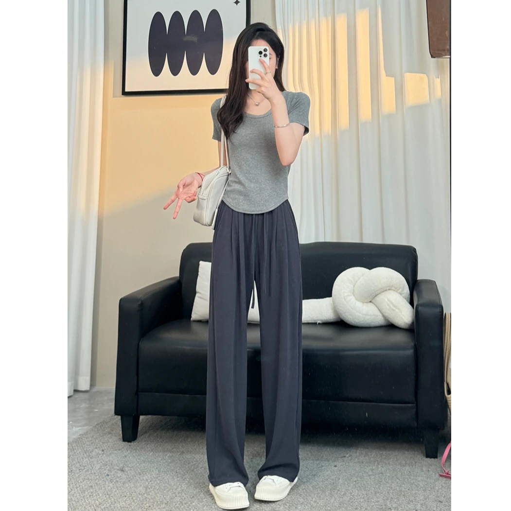 阔腿裤女春秋薄款柔软松紧高腰垂感宽松抽绳直筒休闲山本裤