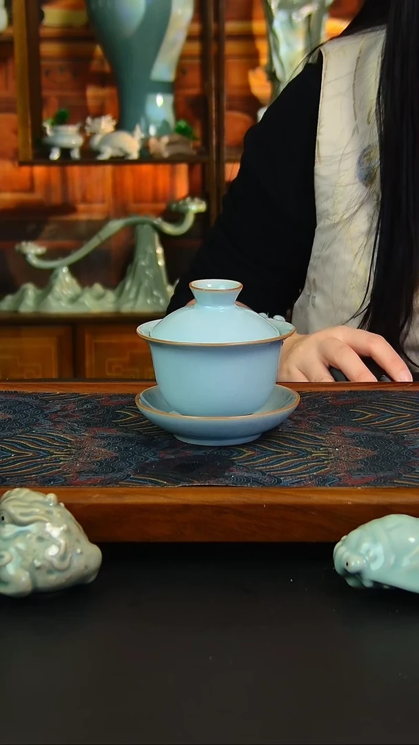 瓷片原矿汝瓷福利盖碗，不完美，简装