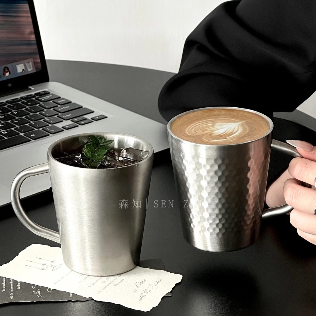 美式304不锈钢马克杯带手柄双层咖啡杯餐厅啤酒杯茶水杯牛奶杯子