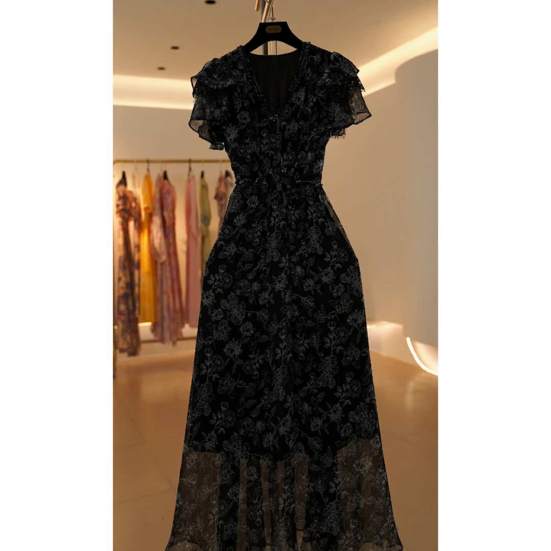 【娟专属】黑钻玫瑰夏季法式修身漂亮显瘦气质优雅连衣裙A027