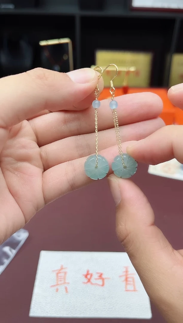 石英质玉（天山翠）银S925镶嵌耳饰716000