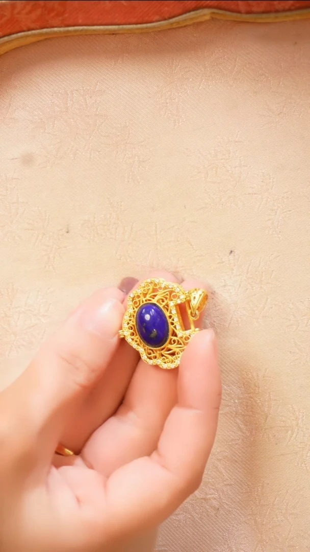 银S925镀金镶嵌青金石颈饰青金可爱小锁包