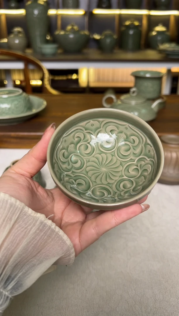 陶瓷耀州窑纯手工内刻宝相花普洱杯