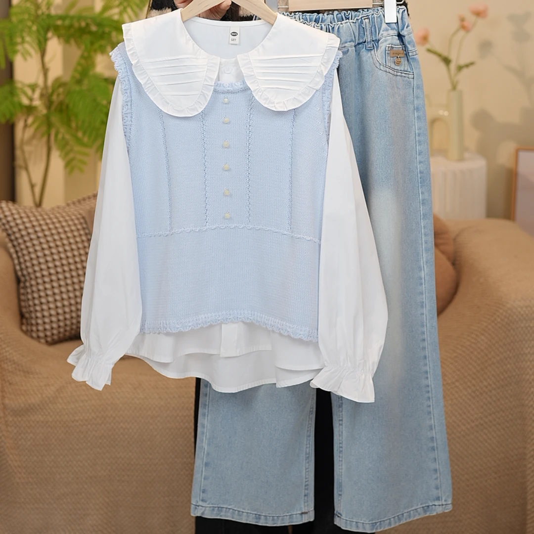 女大童春装三件套洋气青少年初中生针织马甲娃娃领衬衫牛仔裤套装