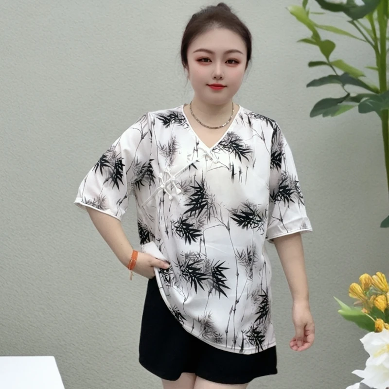 夏秋季国风清新雅致T恤半袖复古港风印花新中式碎花御姐风显瘦女
