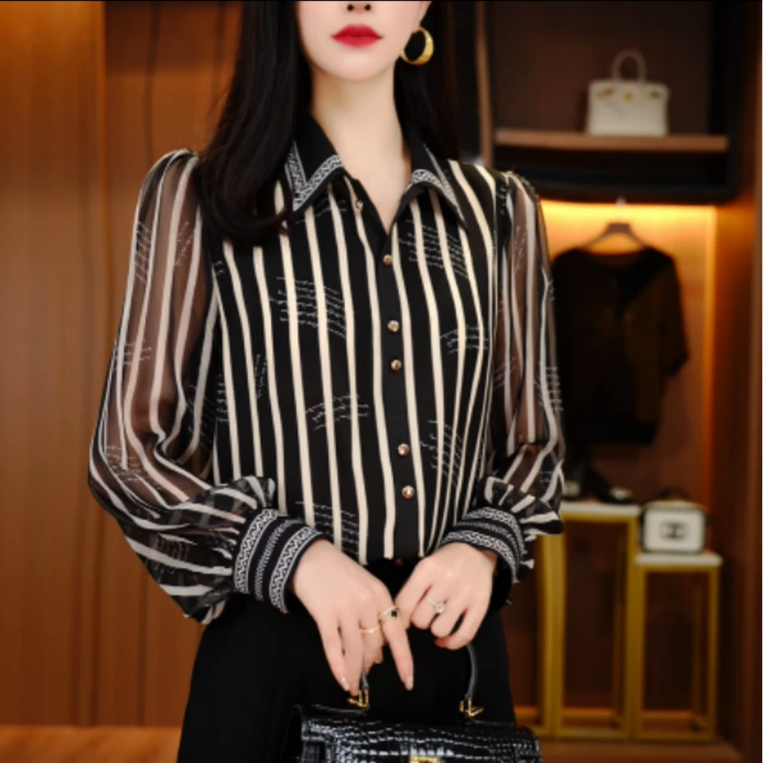 2025年初秋款Polo领条纹格小斑马气质显瘦百搭时尚长袖衬衫0807