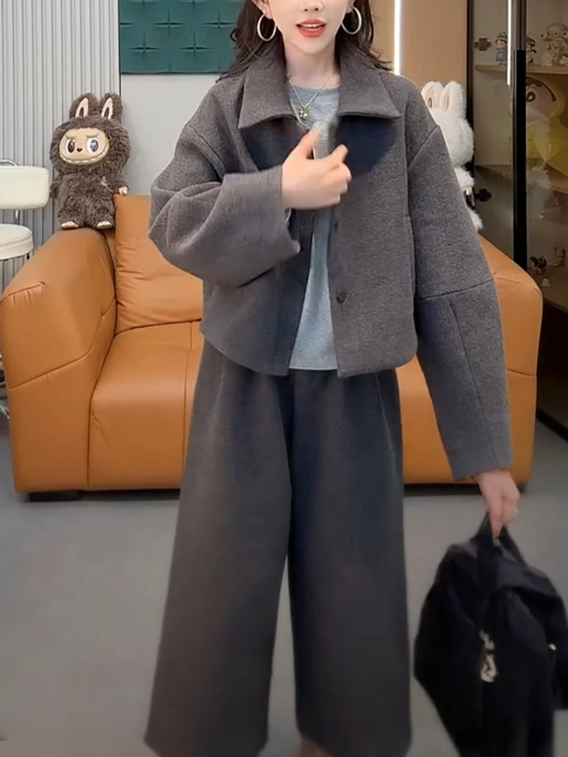 秋冬季新款时尚毛呢套装翻领外套高腰八分阔腿裤气质显瘦两件套