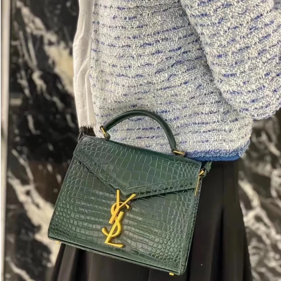 99新 YSL/圣罗兰 暗夜绿色小号Cassandra手提斜挎压纹信封包