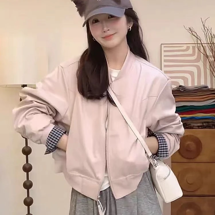 短款棒球服女春季2025新款小个子韩版时尚圆领拼接格子夹克外套潮