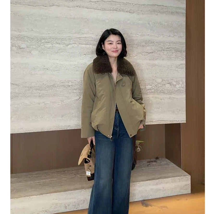 TANTAN 时尚气质宽松毛领短款秋冬棉服外套3474