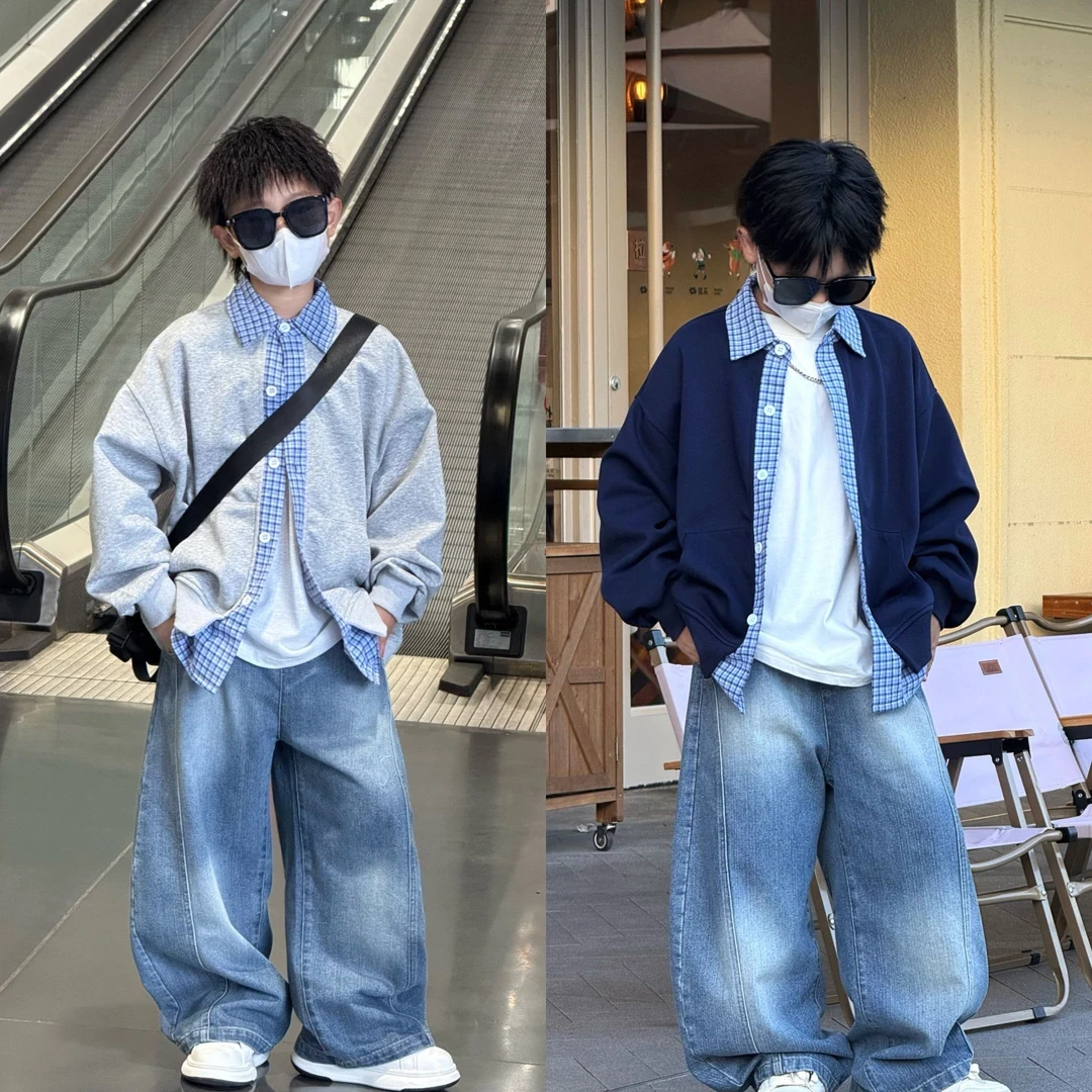 男童秋季假两件外套2025新款中大童潮流时尚韩版宽松百搭开衫童装