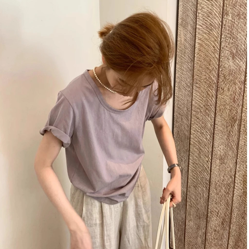 韩版紫色U领苎麻短袖t恤女夏季新款宽松慵懒风大领口正肩体恤上衣