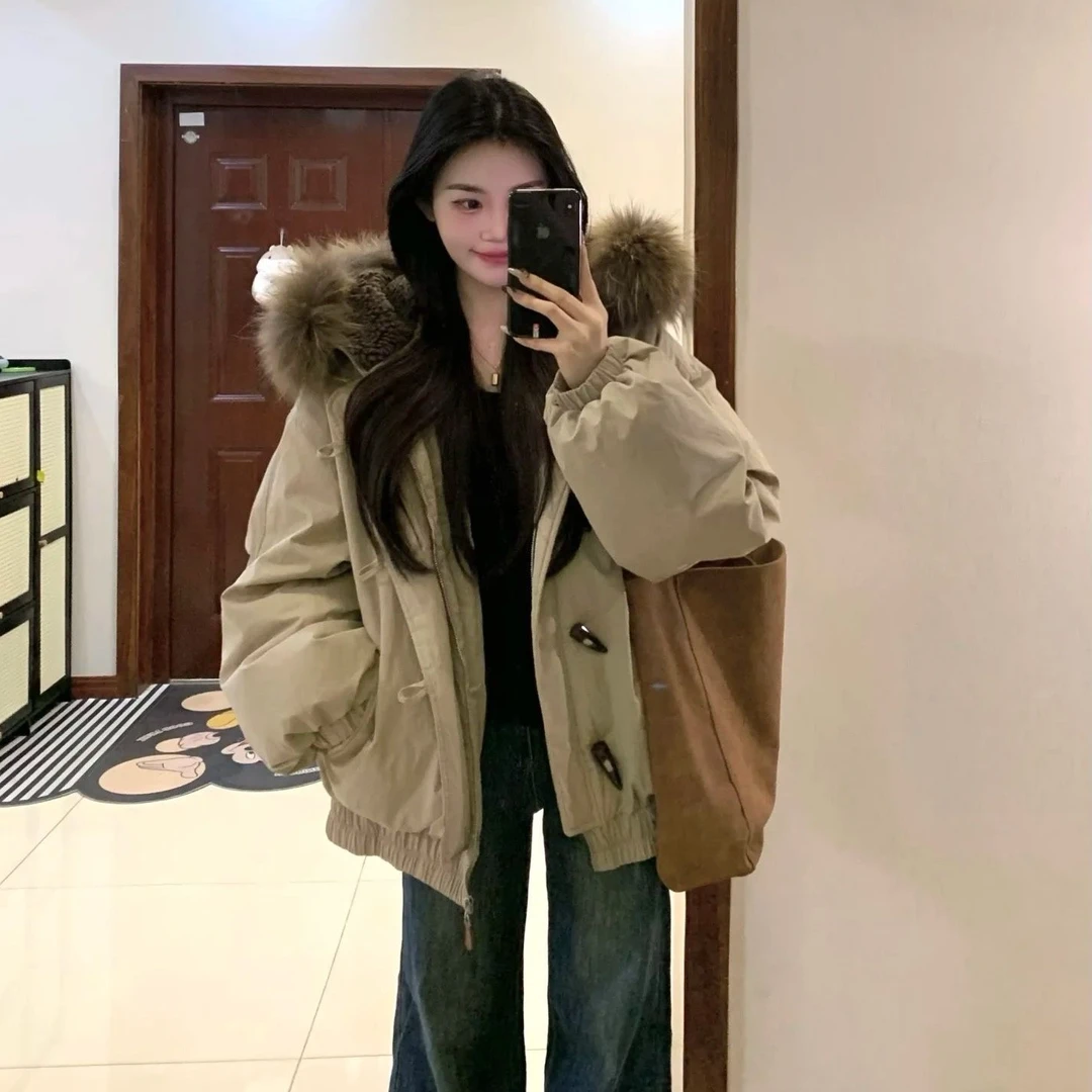 韩系棉服女大毛领派克服2025冬季新款加厚棉衣保暖牛角扣棉袄外套
