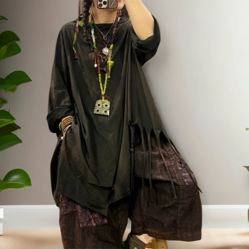 SX文艺麻棉彩染流苏开叉手工辫半高领打底衫春季新款乞丐风女上衣