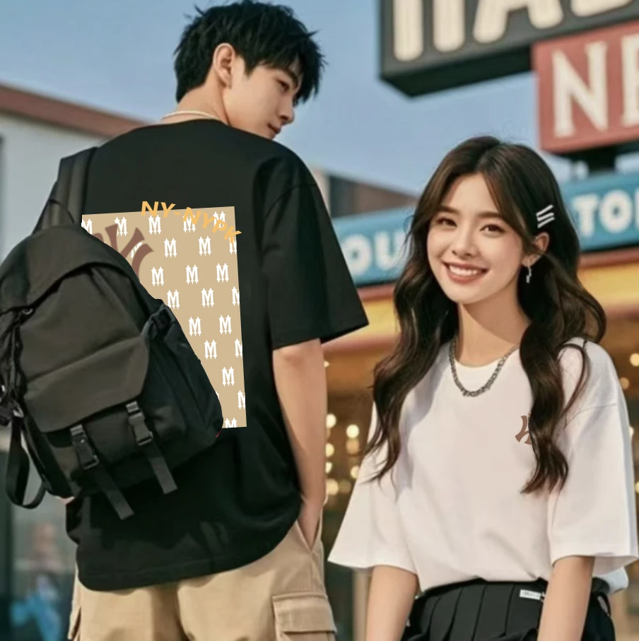 【商场同款】夏季纯棉短袖男女圆领T恤情侣潮休闲宽松-香槟WY