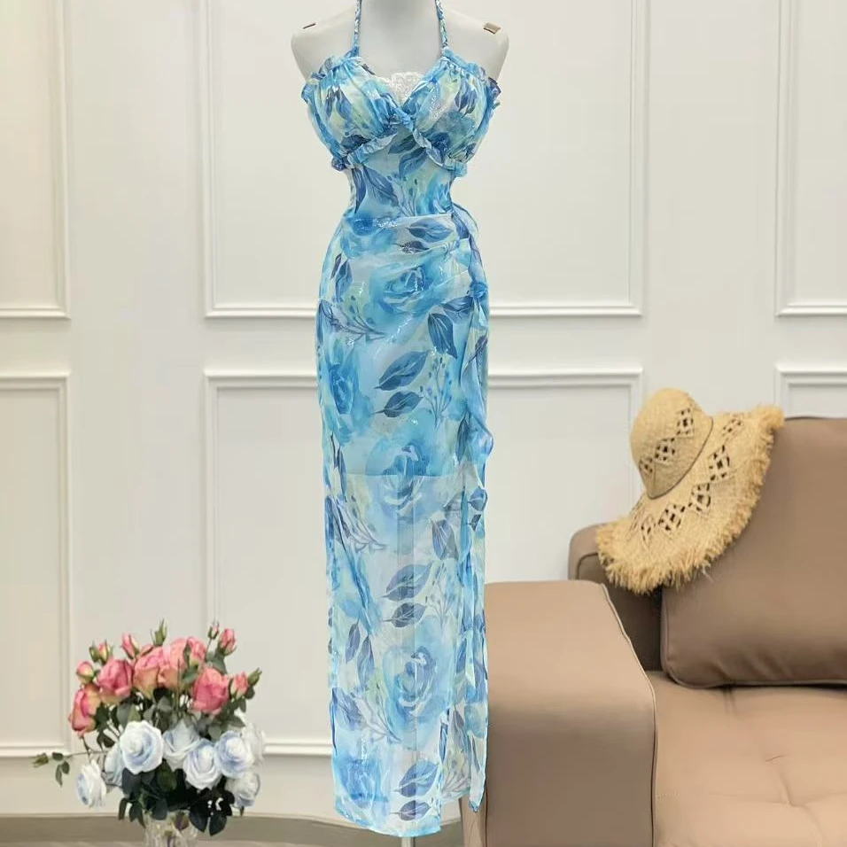 BECHARMING「大鱼海棠」法式气质V领挂脖印花修身连衣裙Q0936